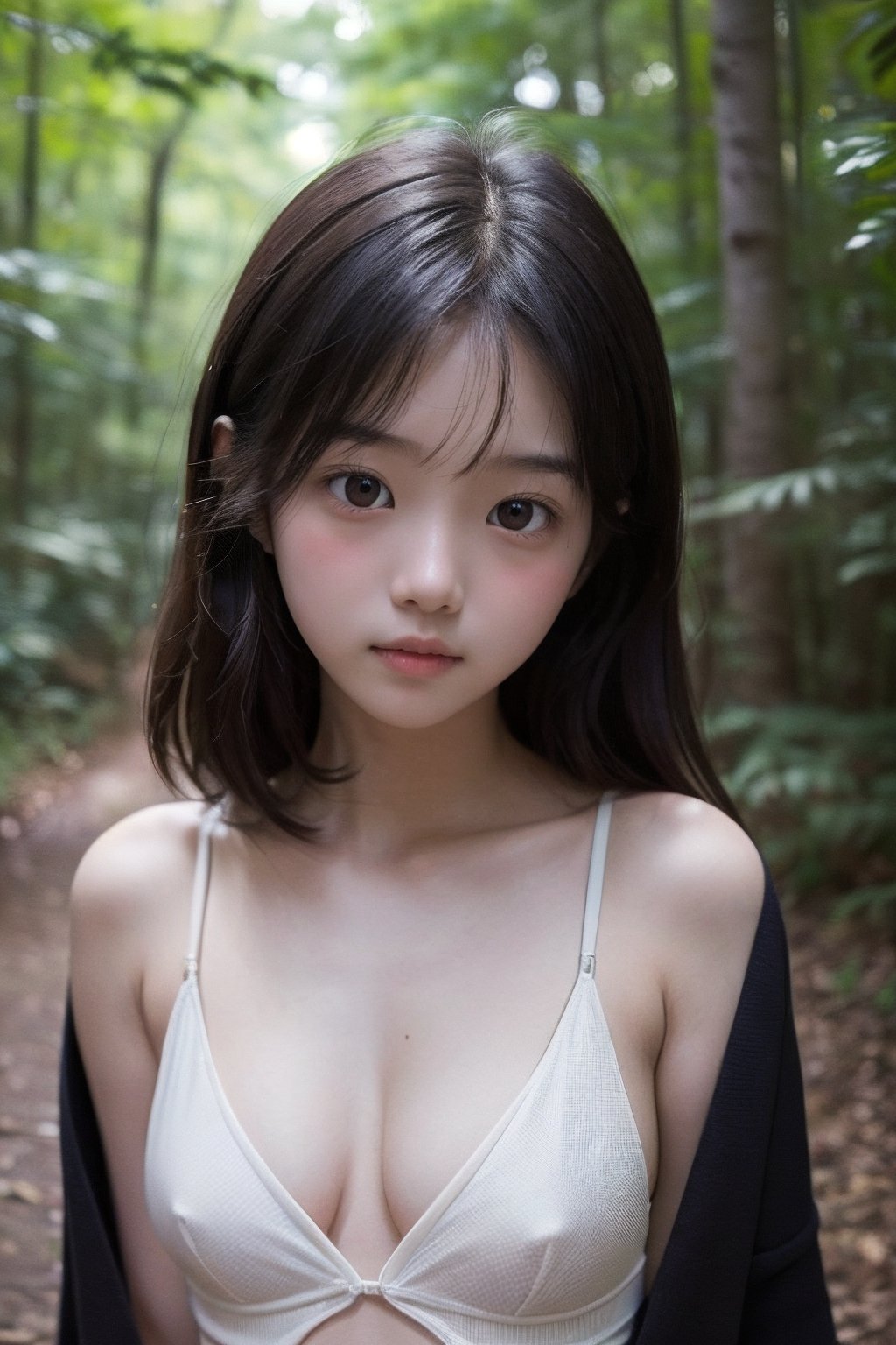 (((deep in the woods))),(looking at the audience),(focus on face),
人：(((a korean little girl:1.3))),(Korean actress Lim Yoona),Pure and restrained little girl,(((little girl of elementary school age))),(low cut),((childish breasts)),
優：(((16K texture structure))),
髮：(bangs),