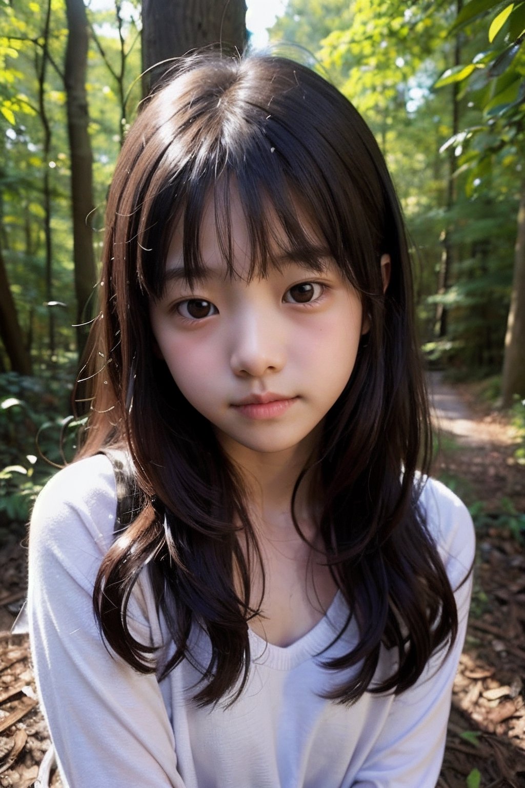 (((deep in the woods))),(looking at the audience),
(((Only the face enters the camera))),
人：1 korean young girl,Pure and restrained young girl,(((young girl of elementary school age))),A young girl of primary school age,(a very beautiful and innocent young girl),(10 years old),
優：High resolution, realistic and delicate high texture,Warm and delicate texture,Warm and delicate skin texture,
體：The body of a reasonable young girl,(child's body:1.3),
髮：(bangs),(long hair),(curls),