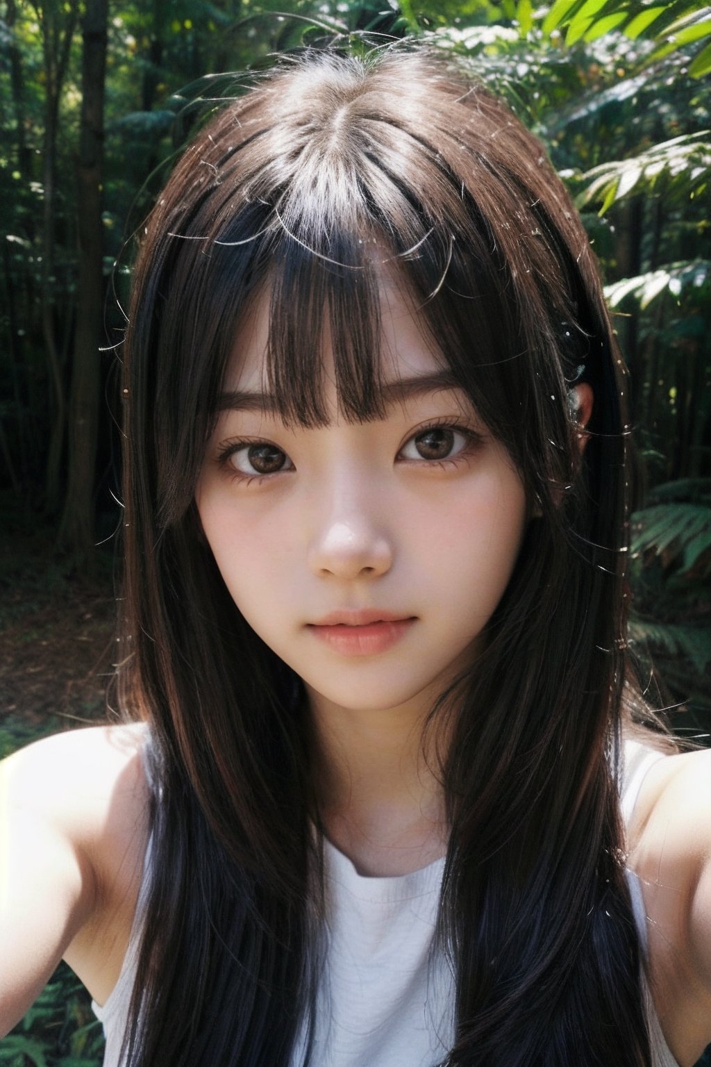 (((deep in the woods))),((looks at viewer)),(((Only the face enters the camera))), (Focus on the face),
人物：a korean girl,Pure and lovely korean girl,
優化：(((Realistic and delicate high-resolution structure: 1.4, Realistic and delicate high-quality structure: 1.4))),(well-proportioned and beautifully proportioned body structure),
頭髮：(((long hair))),(bangs),