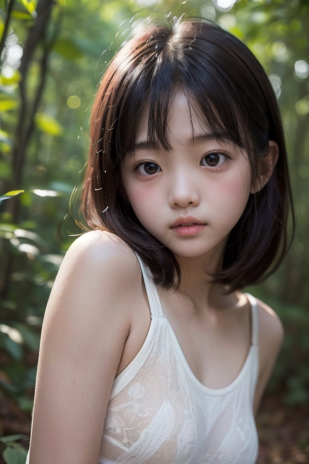 (((deep in the woods))),(looking at the audience),(focus on face),
人：(((a korean little girl:1.3))),(Korean actress Lim Yoona),Pure and restrained little girl,(((little girl of elementary school age))),(low cut),((childish breasts)),
優：(((16K texture structure))),
髮：(bangs),