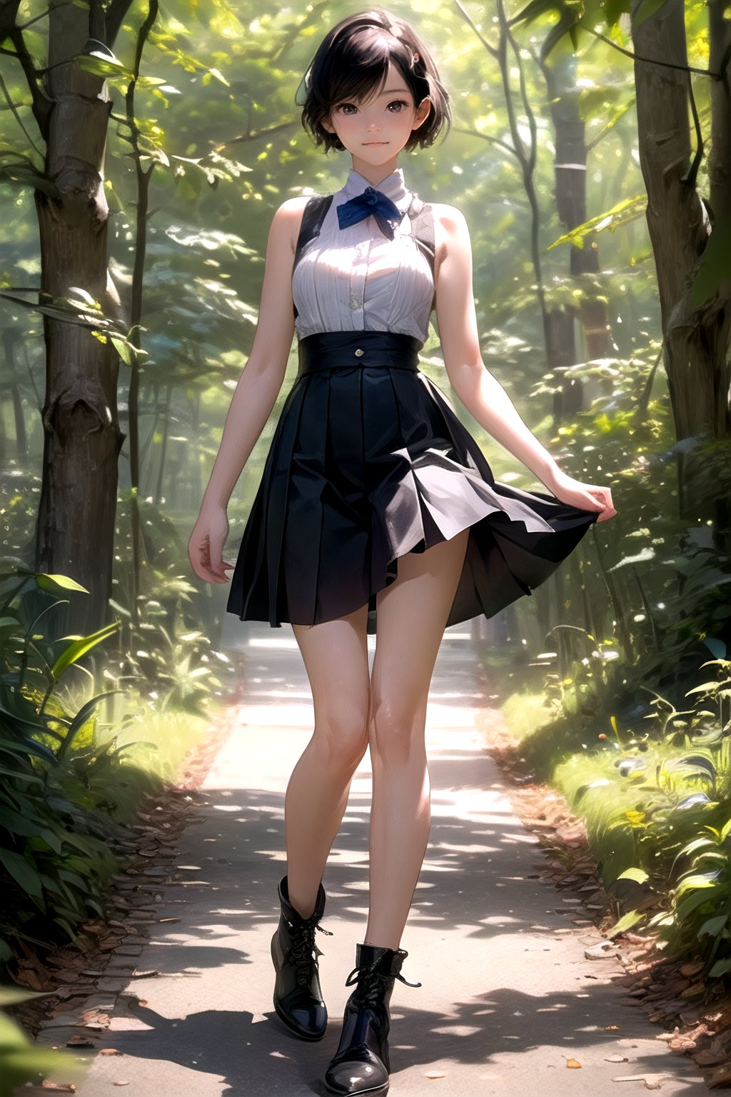 (((deep in the woods))),((looks at viewer)),(sexy stance),(focus on the face),(((full body into the camera))),
人物：a korean girl,Pure and lovely korean girl,
優化：(((Realistic and delicate high-resolution structure: 1.4, Realistic and delicate high-quality structure: 1.4))),(Well-proportioned and perfect body proportion structure),(((image structure of real human texture))),
特質：low cut,(perfectly proportioned body proportions),
頭髮：(((Super short handsome short hair for girls: 1.5))),(bangs),
Sleeveless spaghetti strap vest, red mini pleated skirt,black boots,