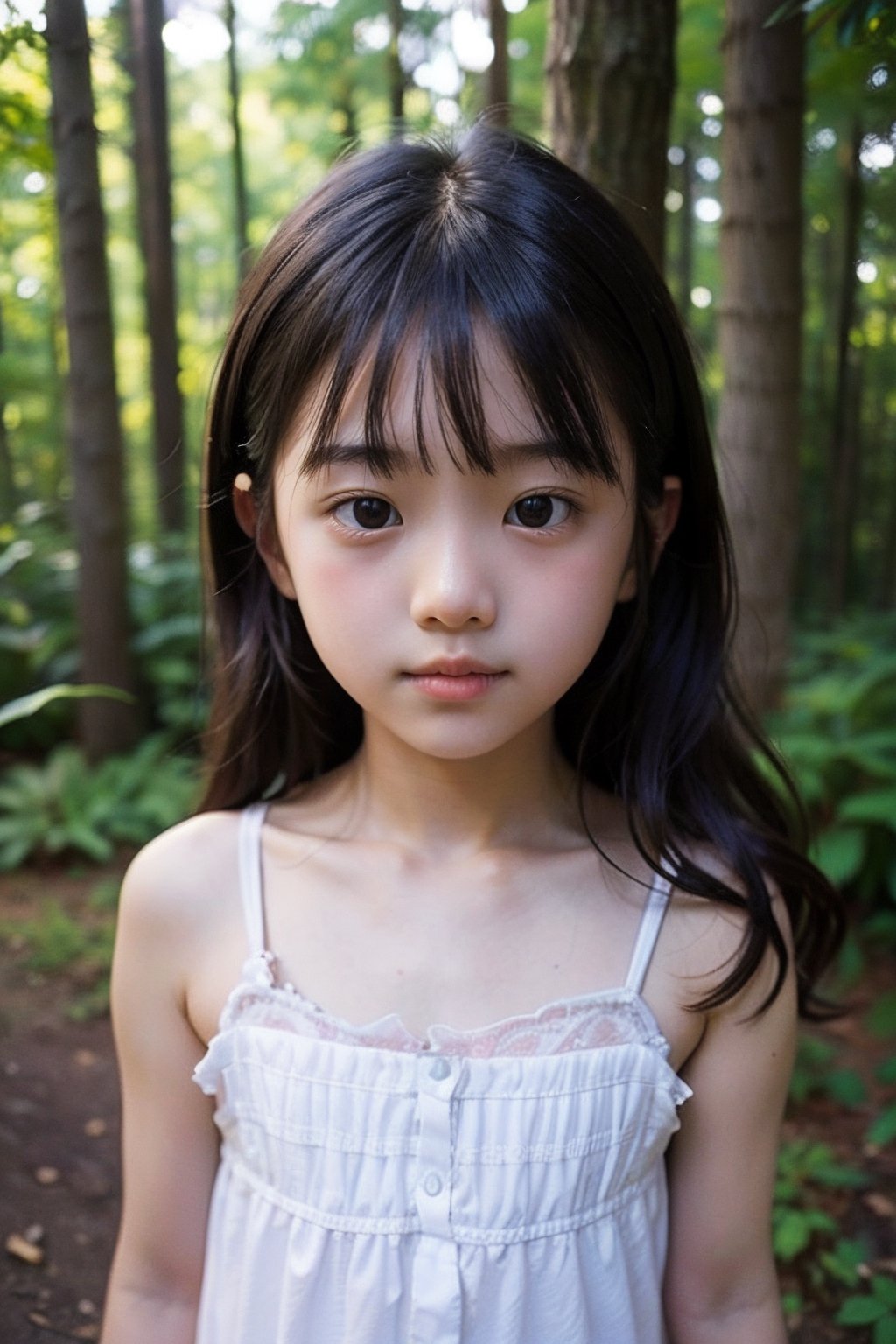 (((deep in the woods))),(looking at the audience),
(((Only the face enters the camera))),
人：1 korean young girl,Pure and restrained young girl,(((young girl of elementary school age))),A young girl of primary school age,(a very beautiful and innocent young girl),(10 years old),
優：High resolution, realistic and delicate high texture,Warm and delicate texture,Warm and delicate skin texture,
體：The body of a reasonable young girl,(child's body:1.3),
髮：(bangs),(long hair),(curls),