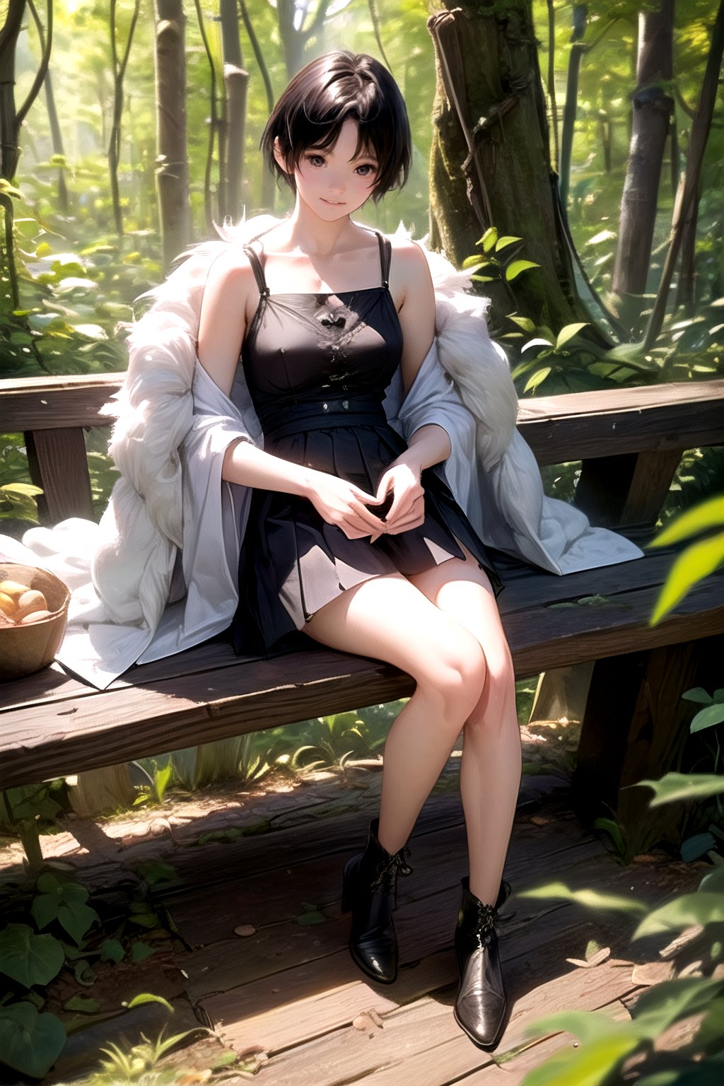 (((deep in the woods))),((looks at viewer)),(sexy sitting),(focus on the face),(((full body into the camera))),
人物：a korean girl,Pure and lovely korean girl,
優化：(((Realistic and delicate high-resolution structure: 1.4, Realistic and delicate high-quality structure: 1.4))),(Well-proportioned and perfect body proportion structure),(((image structure of real human texture))),
特質：low cut,(perfectly proportioned body proportions),
頭髮：(((Super short handsome short hair for girls: 1.5))),(bangs),
Sleeveless spaghetti strap vest, red mini pleated skirt,black boots,