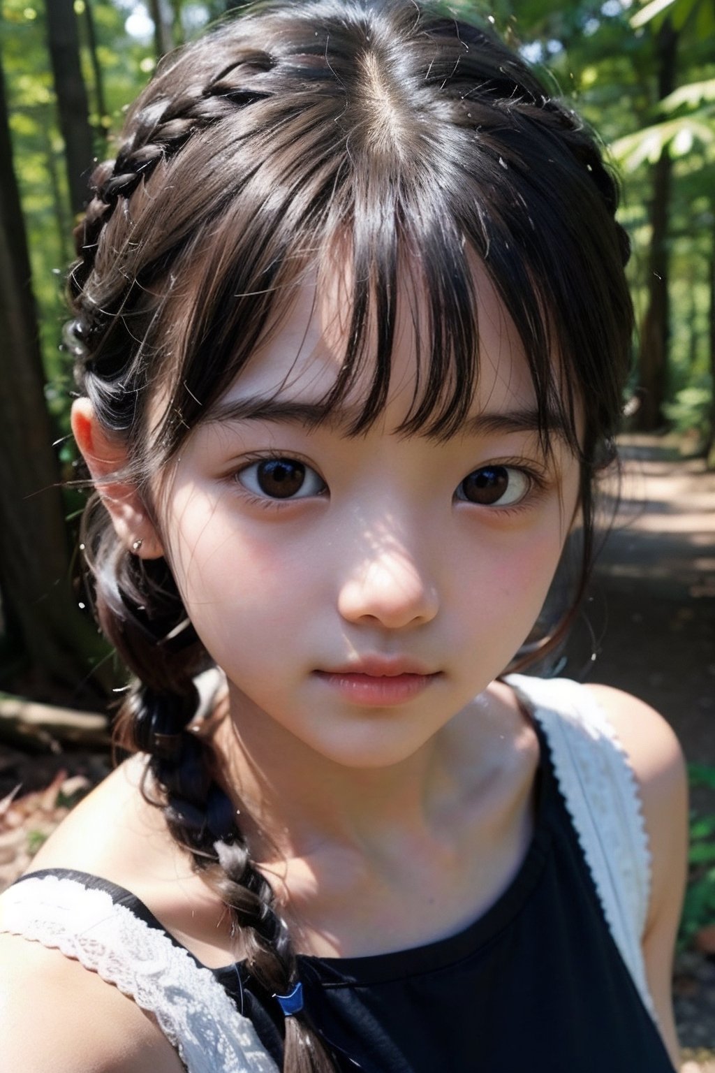 (((deep in the woods))),(looking at the audience),(close to the camera, close to the audience),face close-up,
人物：(a little girl:1.3),(Korean Idol Lim Yoona),
身體：(childish body),
優化：(((16K texture structure))),Exquisite oval face,Delicate and smooth skin,
頭髮：(bangs),((braid)),