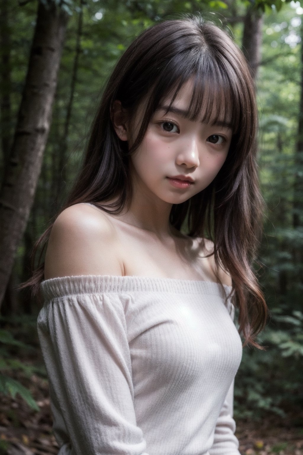 (((Deep in the woods))),
masterpiece, 8k, ((from front)), portrait, upper body, cute, detailed face, beautiful detailed eyes, girl, loli, happy, mad, red lips, bangs, very long hair, strong eyebrows, bare shoulders, (blush), (embarrassed),
服：(red off-shoulder shirt), 