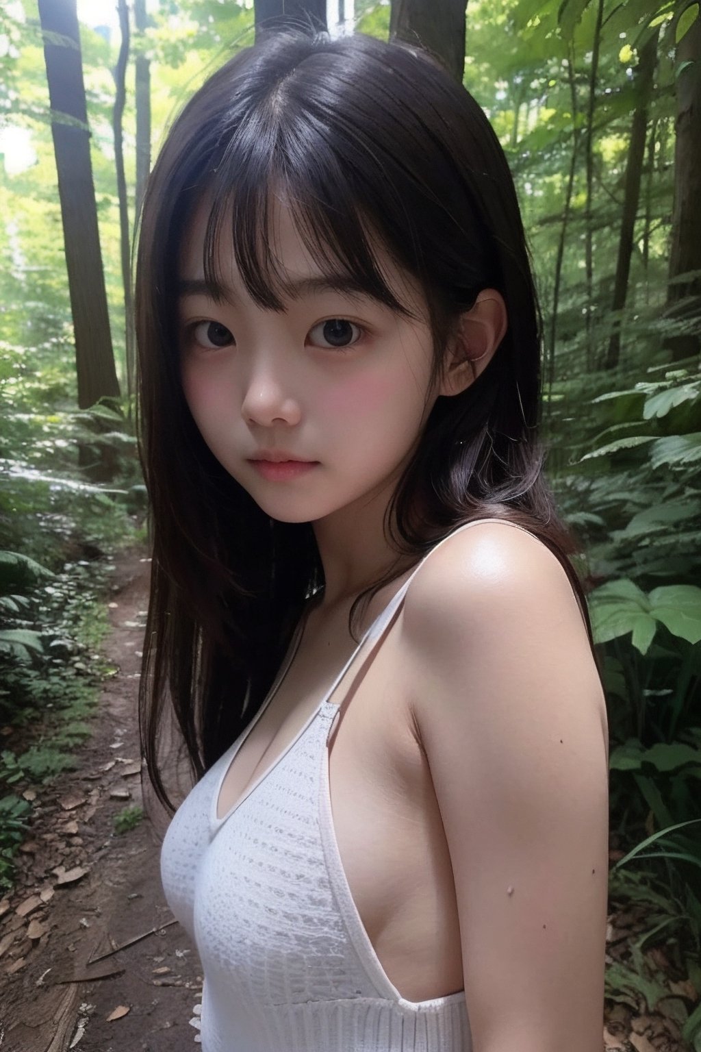 (((deep in the woods))),(looking at the audience),(focus on face),
人：(((a korean little girl:1.3))),Pure and restrained little girl,(((little girl of elementary school age))),(low cut),(childish breasts),
優：(((16K texture structure))),
髮：(bangs),