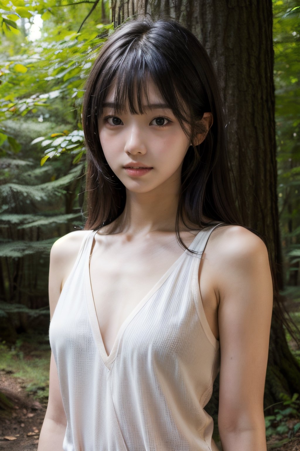 (((deep in the woods))),((looks at viewer)),(((Only the face enters the camera))), (focus on chest),
人物：a korean girl,Pure and lovely korean girl,(low-cut),
優化：(((Realistic and delicate high-resolution structure: 1.4, Realistic and delicate high-quality structure: 1.4))),(well-proportioned and beautifully proportioned body structure),
頭髮：(((long hair))),(bangs),