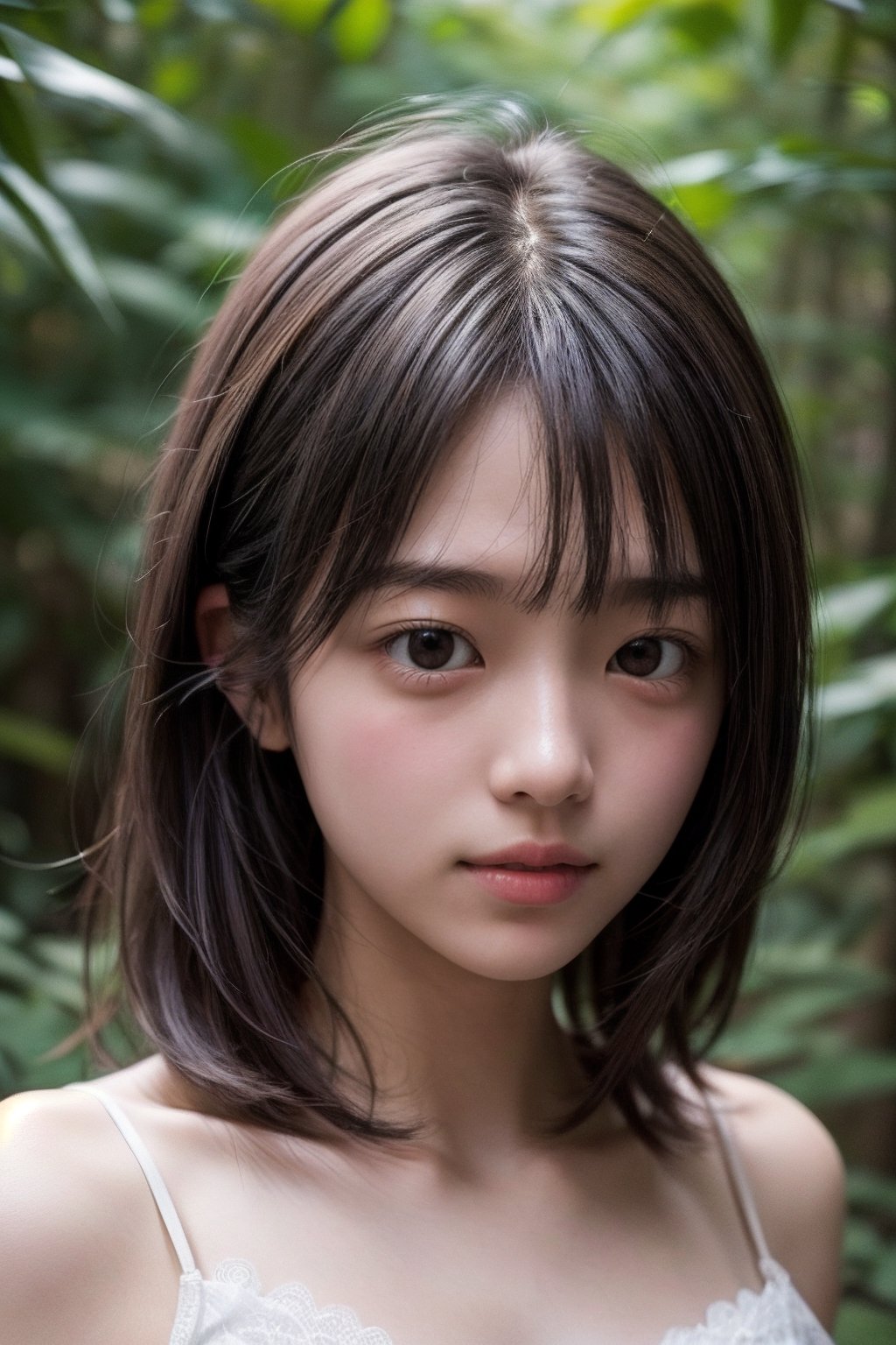 (((deep in the woods))),((looks at viewer)),(((Only the face enters the camera))), (Focus on the face),
人物：a korean girl,Pure and lovely korean girl,small breasts,
優化：(((Realistic and delicate high-resolution structure: 1.4, Realistic and delicate high-quality structure: 1.4))),Photo taken with Canon EOS 5D Mark4 and SIGMA Art Lens 35mm F1.4 DG HSM, F1.4, ISO 200 Shutter Speed 2000,(Masterpiece, high quality, meticulous and delicate),
頭髮：(bangs),((medium length hair)),
服飾：(((Spaghetti strap sleeveless low-cut sheer dress with lace pattern))),