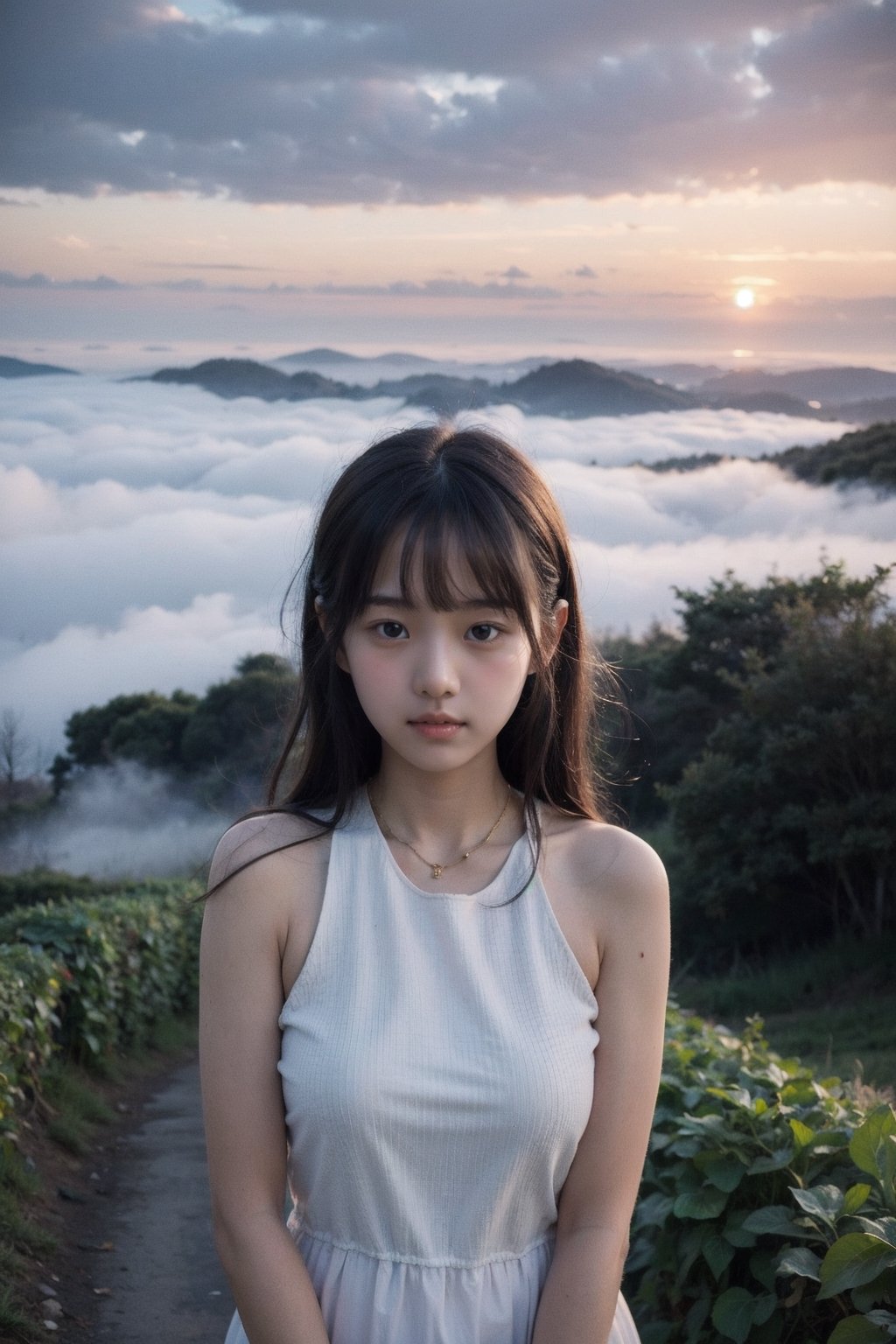 主：(((Fog forest with golden sunset))),(looking at the audience),(((Only the face enters the camera))), (Focus on the face),
人：masterpiece, 8k, ((from front)), portrait, upper body, cute, detailed face, beautiful detailed eyes, girl, loli, happy, mad, red lips, bangs, very long hair, strong eyebrows, bare shoulders, (blush), (embarrassed),
優：Highly resolved, optimized images,(((masterpiece, highest quality, extreme detailed, best quality, 