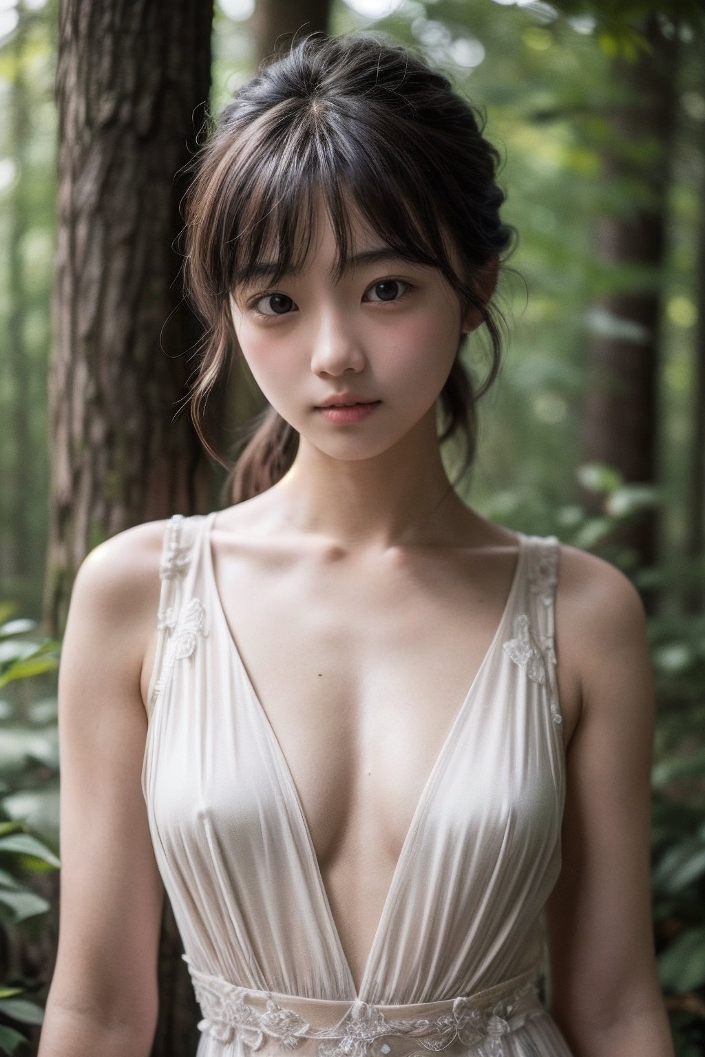 (((deep in the woods))),(looking at the audience),((only the face enters the shot)),(focus on chest),
人物：(((a korean little girl))),Pure and restrained little girl,(((little girl of elementary school age))),(low cut),
優化：(((Realistic and delicate high-resolution structure: 1.4, Realistic and delicate high-quality structure: 1.4))),Photo taken with Canon EOS 5D Mark4 and SIGMA Art Lens 35mm F1.4 DG HSM, F1.4, ISO 200 Shutter Speed 2000,(Masterpiece, high quality, meticulous and delicate),
(((16K texture structure))),Make the texture more realistic and realistic natural light and shadow structure,The realistic structure of film photos,
頭髮：(bangs),very long hair,