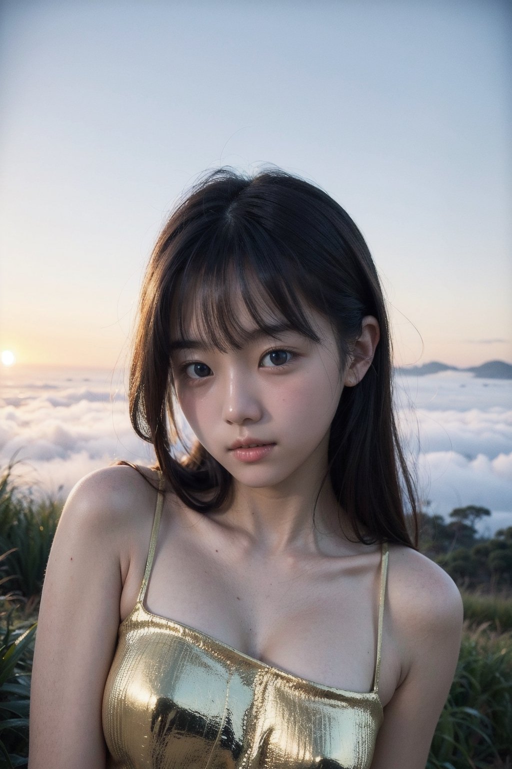 主：(((Fog forest with golden sunset))),(looking at the audience),(((Only the face enters the camera))), (Focus on the face),
人：masterpiece, 8k, ((from front)), portrait, upper body, cute, detailed face, beautiful detailed eyes, girl, loli, happy, mad, red lips, bangs, very long hair, strong eyebrows, bare shoulders, (blush), (embarrassed),
優：Highly resolved, optimized images,(((masterpiece, highest quality, extreme detailed, best quality, 