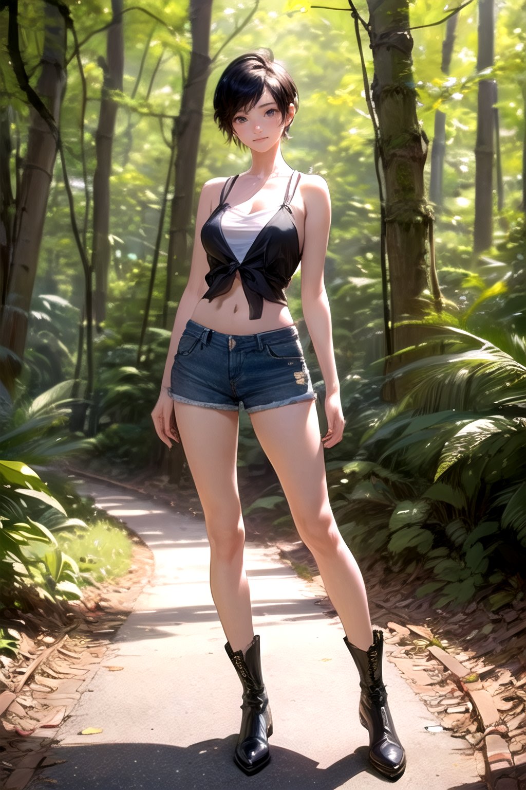 (((deep in the woods))),((looks at viewer)),(sexy stance),(focus on the face),(((full body into the camera))),
人物：a korean girl,Pure and lovely korean girl,
優化：(((Realistic and delicate high-resolution structure: 1.4, Realistic and delicate high-quality structure: 1.4))),(Well-proportioned and perfect body proportion structure),(((image structure of real human texture))),
特質：low cut,(perfectly proportioned body proportions),
頭髮：(((Super short handsome short hair for girls: 1.5))),(bangs),
Sleeveless spaghetti strap vest, Denim shorts,black boots,