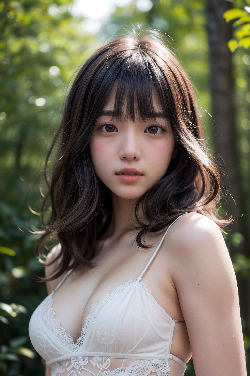 (((deep in the woods))),((looks at viewer)),(((Only the face enters the camera))), (Focus on the face),
人物：a korean girl,Pure and lovely korean girl,
優化：(((Realistic and delicate high-resolution structure: 1.4, Realistic and delicate high-quality structure: 1.4))),Photo taken with Canon EOS 5D Mark4 and SIGMA Art Lens 35mm F1.4 DG HSM, F1.4, ISO 200 Shutter Speed 2000,(Masterpiece, high quality, meticulous and delicate),
頭髮：(bangs),((medium length hair)),
服飾：(((Spaghetti strap sleeveless low-cut sheer dress with lace pattern))),