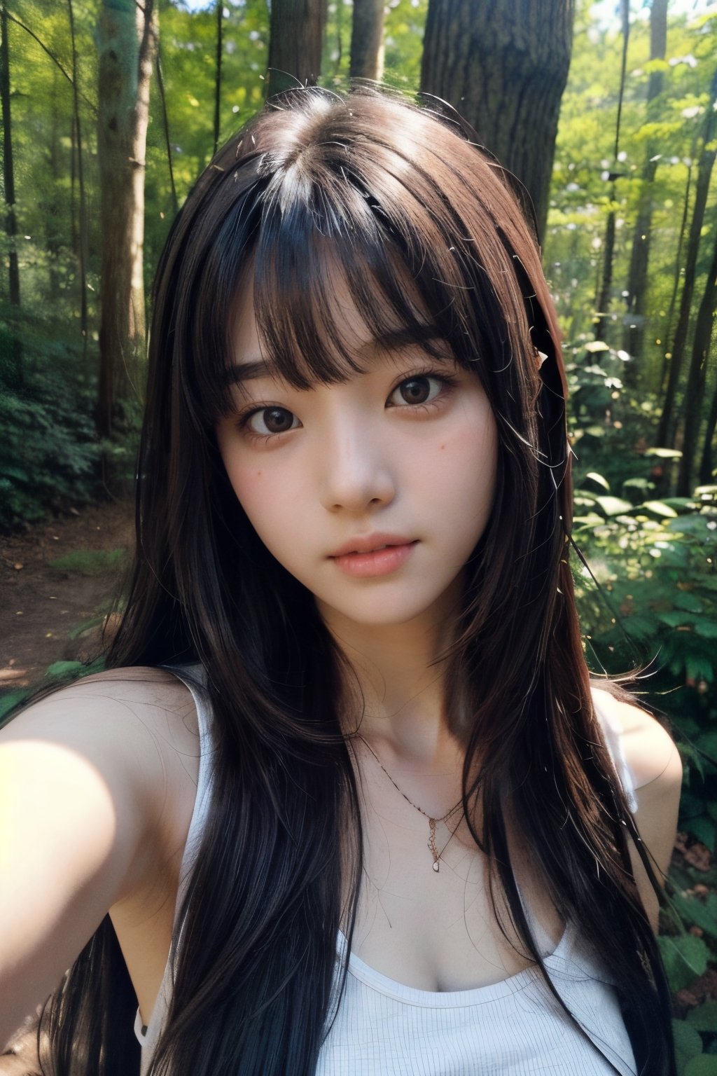 (((deep in the woods))),((looks at viewer)),(((Only the face enters the camera))), (focus on chest),
人物：a korean girl,Pure and lovely korean girl,(low-cut),
優化：(((Realistic and delicate high-resolution structure: 1.4, Realistic and delicate high-quality structure: 1.4))),(well-proportioned and beautifully proportioned body structure),
頭髮：(((long hair))),(bangs),