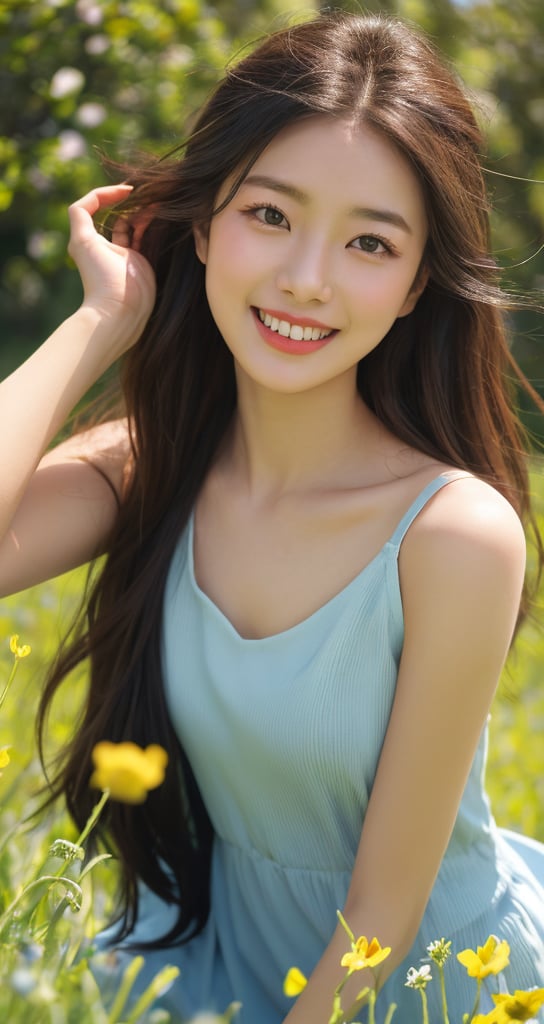 A young girl with a radiant smile, her eyes shining bright, the lush green grassland. Framed against a brilliant blue sky, the scene is set with warm sunlight casting a gentle glow on the rolling hills and wildflowers swaying in the breeze. detailed face,