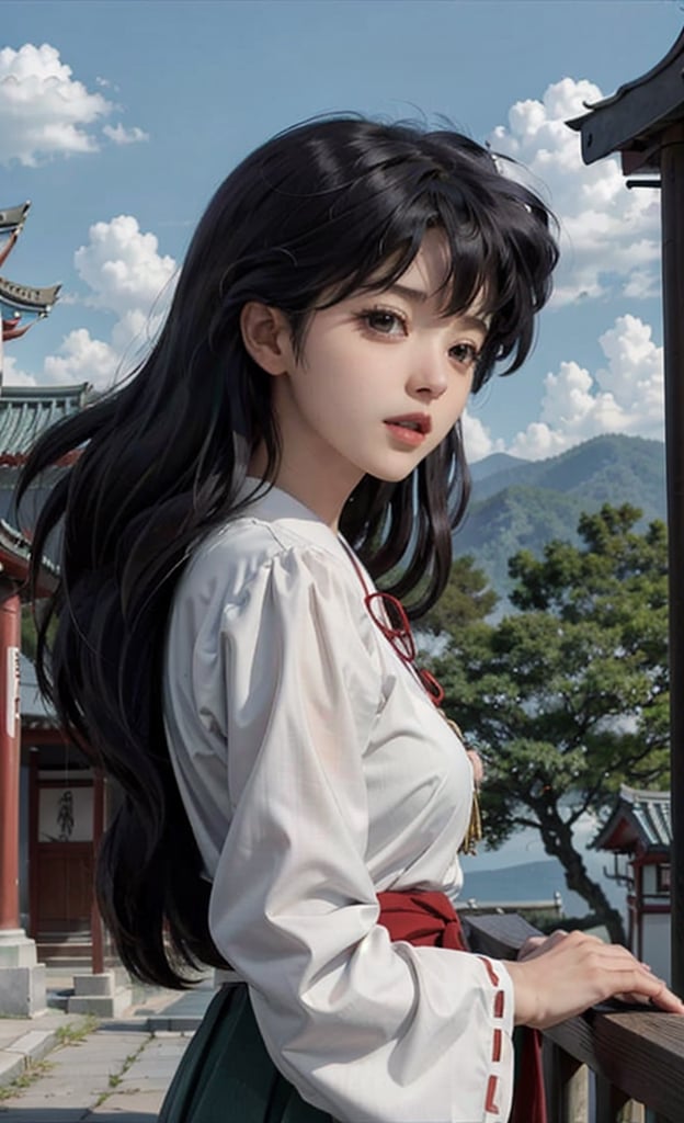 beautifull sky, detailed face, temple, windy, higurashi kagome,miko dressing