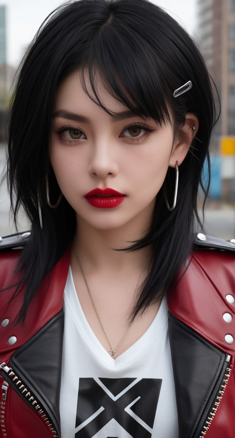 A close-up shot of a girl with punk-inspired style, her spiky black hair and ripped fishnets accentuating her rebellious attitude. Her bright red lipstick forms a bold 'X' shape on her cheek as she defiantly gazes directly into the camera lens, her leather jacket and safety pins completing her edgy ensemble against a gritty urban backdrop.