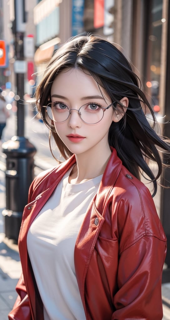 photo r3al, detailmaster2, masterpiece, photorealistic, 8k, 8k UHD, best quality, ultra realistic, ultra detailed, hyperdetailed photography, real photo,  red jacket, white tshirt, photorealistic, 8k, realistic eyes, detailed face, upper body, facing viewer, outdoors, daylight, trendy glasses,