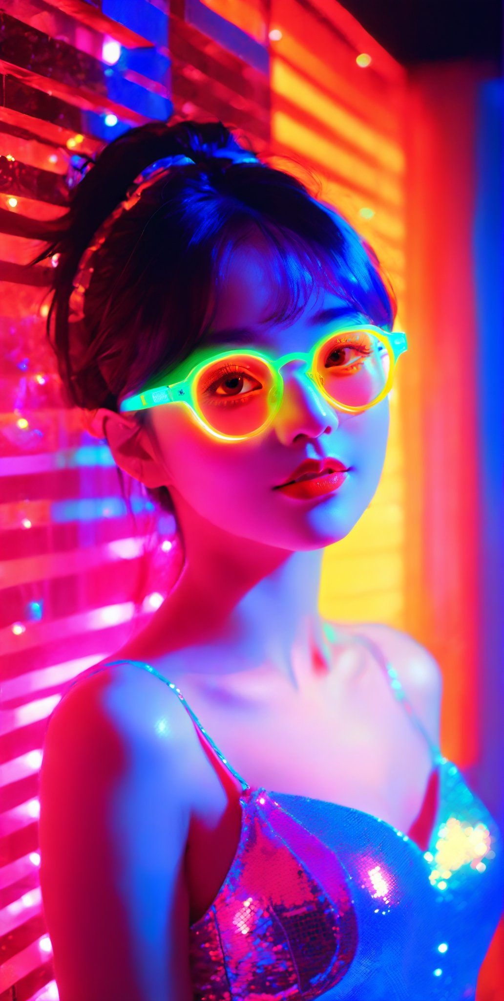 masterpiece, best quality, 1 girl, (neon (eyeglasses)) ,aesthetic portrait, night life, disco, glittering colourfull spotlight, bokeh,cutegirlmix,HellAI