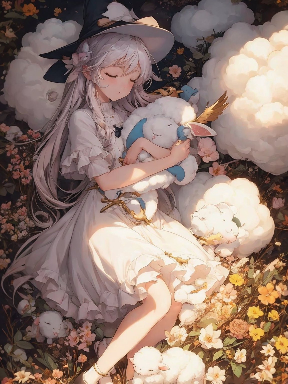 cupid, sleep in cloud, holding lamb pillow ,Witch