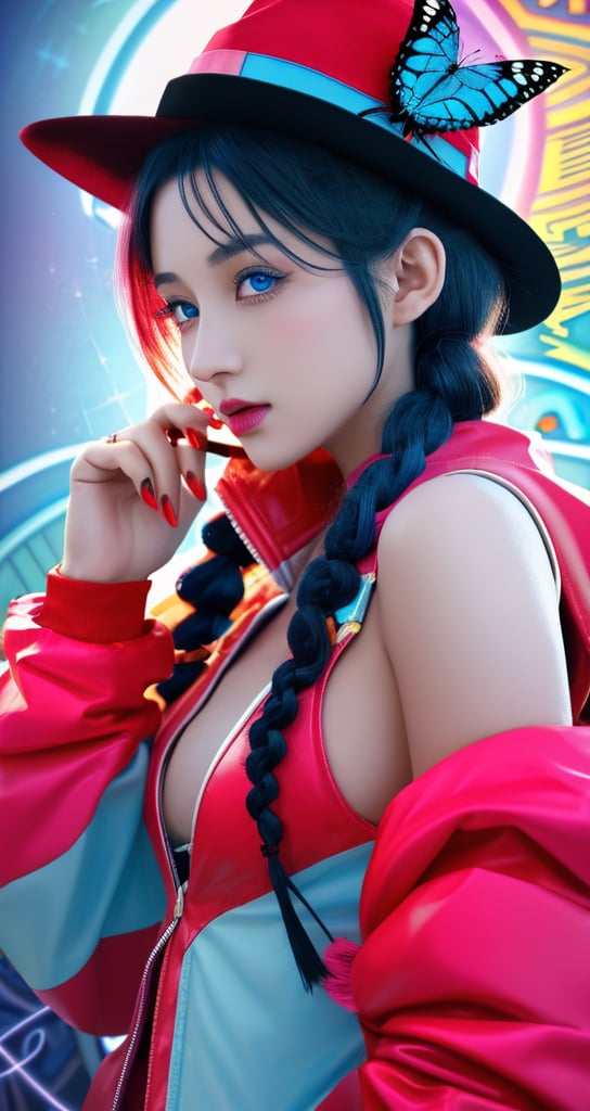 shows elemental elements, circus hat and ringmaster, intense and bright colors, teenage girl, long black hair, braids, light blue eyes, butterfly details,anime