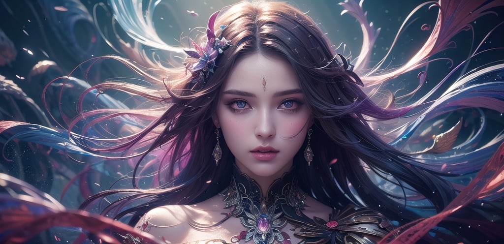 (masterpiece, top quality, best quality, official art, beautiful and aesthetic:1.2), (1girl), extreme detailed,(abstract, fractal art:0.6),colorful hair,highest detailed, detailed_eyes, light_particles, ,fantasy_world, floating, in depth,