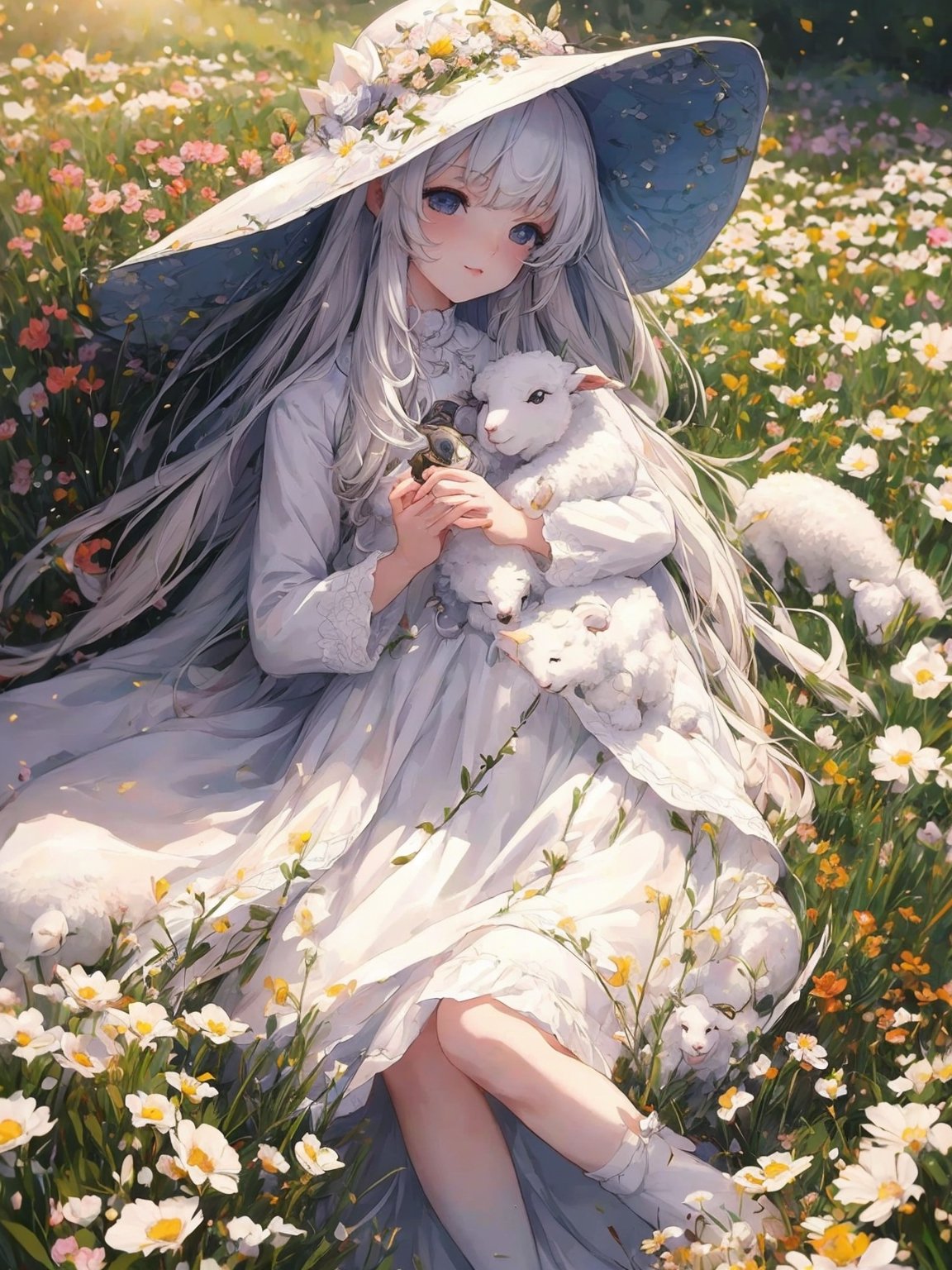 1 girl, sleep in flower field, holding cute white lamb ,Witch, detailed lamb , detailed face, 