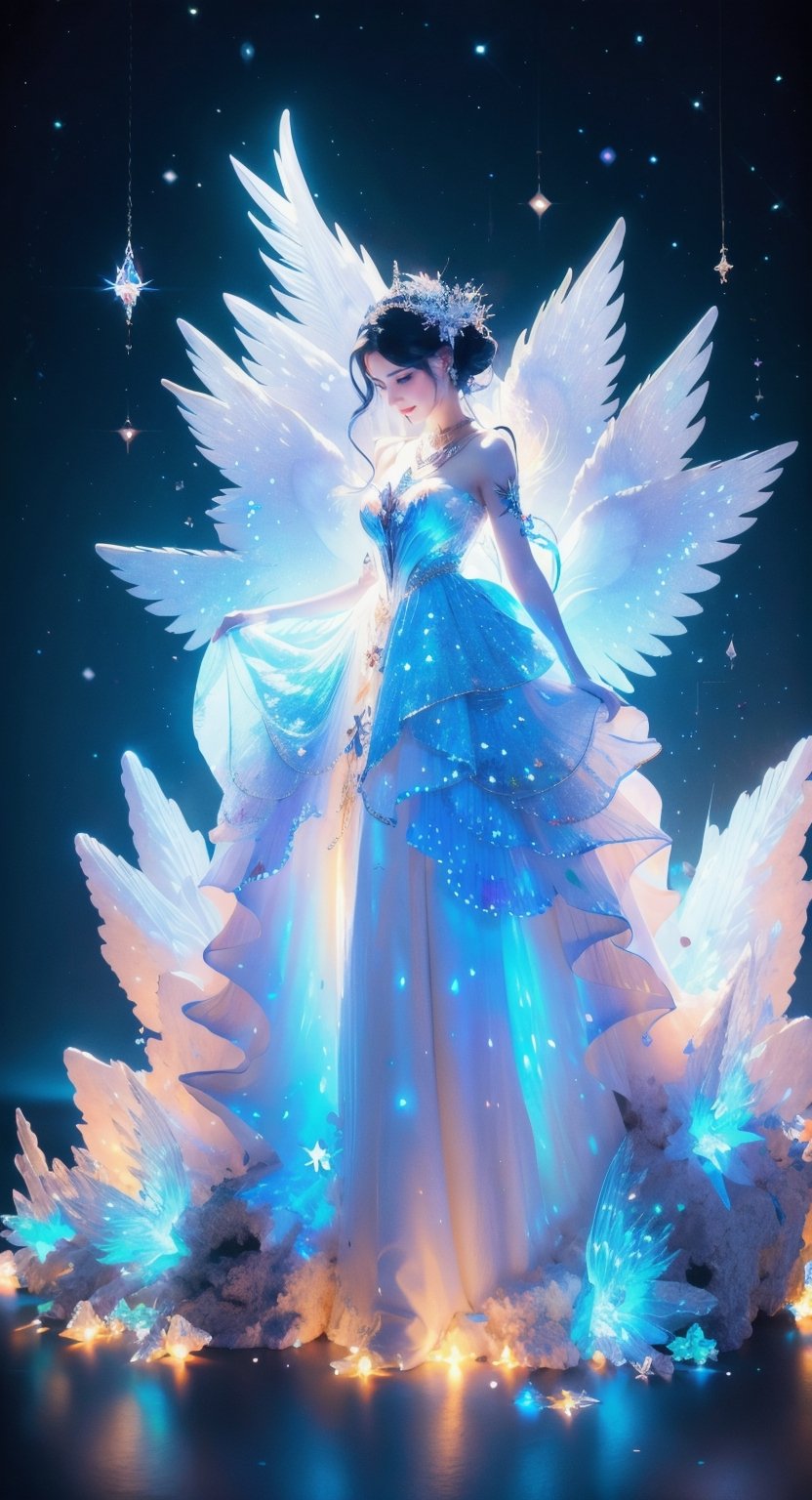 masterpiece, best quality, 1 girl, solo, milky white skin,  ,wrenchfaeflare,  rgb light, crystal splash, starry sky, fantasy, phcrystal