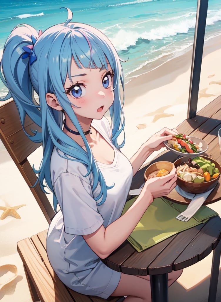 1 girl, beach restaurant, pastel colour, sora, funny face