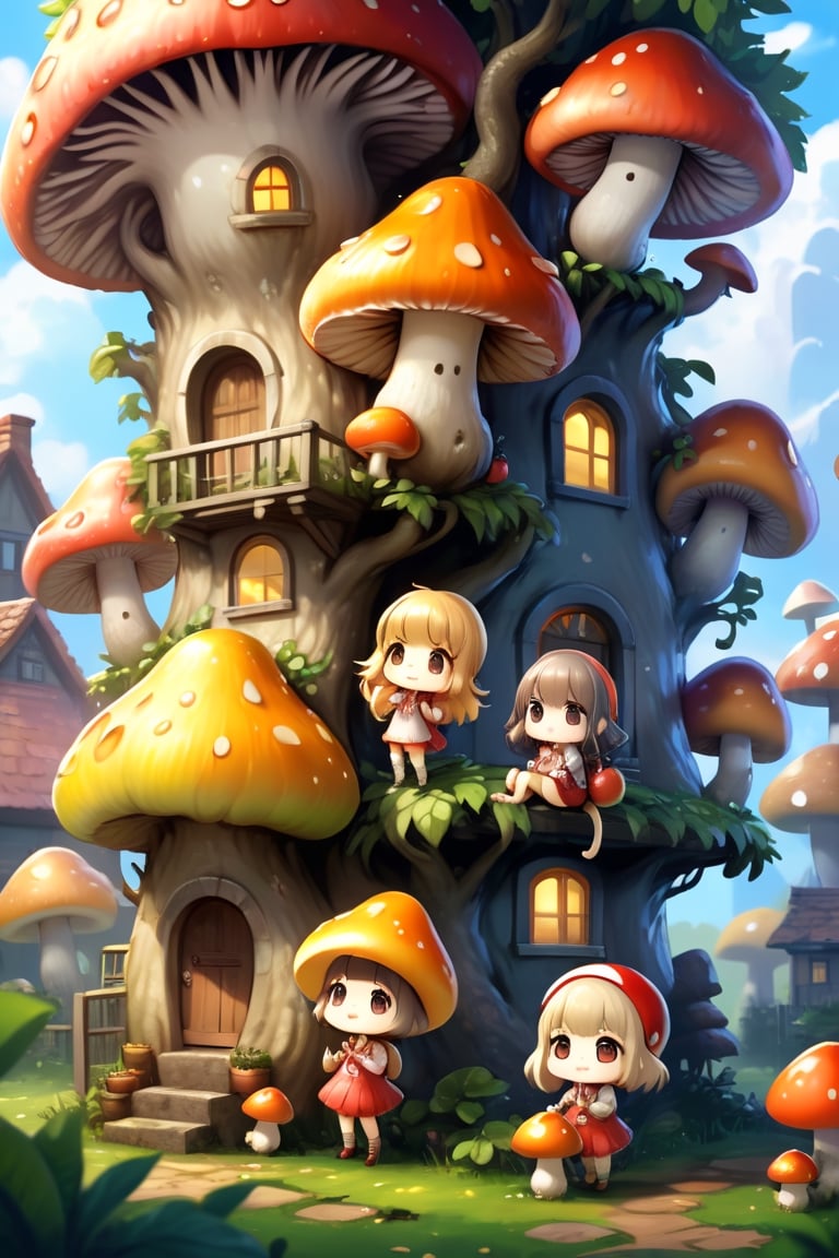 (((masterpiece))), (((best quality))), ((ultra-detailed)), group of child , climbing fruit tree, house made of mushroom background, cinematic light, ,chibi,Xxmix_Catecat, detail chibis  (dynamic pose:1.5) 