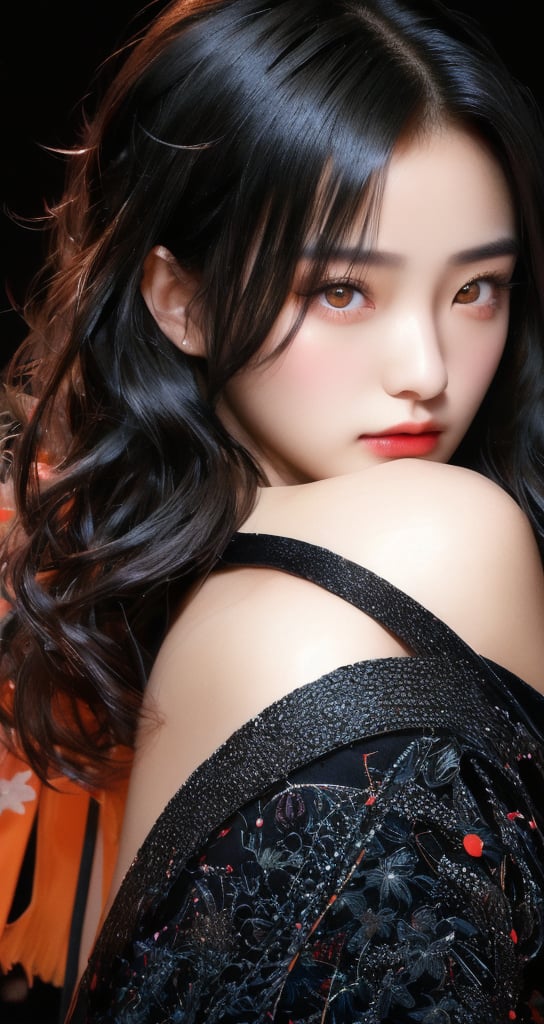 4k,best quality,masterpiece,20yo 1girl, kimono, open shoulder,
(Beautiful and detailed eyes),
Detailed face, detailed eyes, double eyelids ,thin face,  muscular fit body, semi visible abs, ((short hair with long locks:1.2)), black hair, black background,


real person, color splash style photo,
,Colors,1 girl 