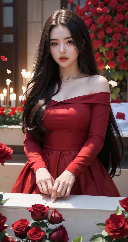  beautiful red roses and an explosion of red rose petals, creating a stunning scene that captures the essence of the celebration. a beautiful cute young attractive aussie teenage girl, village girl, 18 years old, cute, Instagram model, long brunette hair, big eyes,