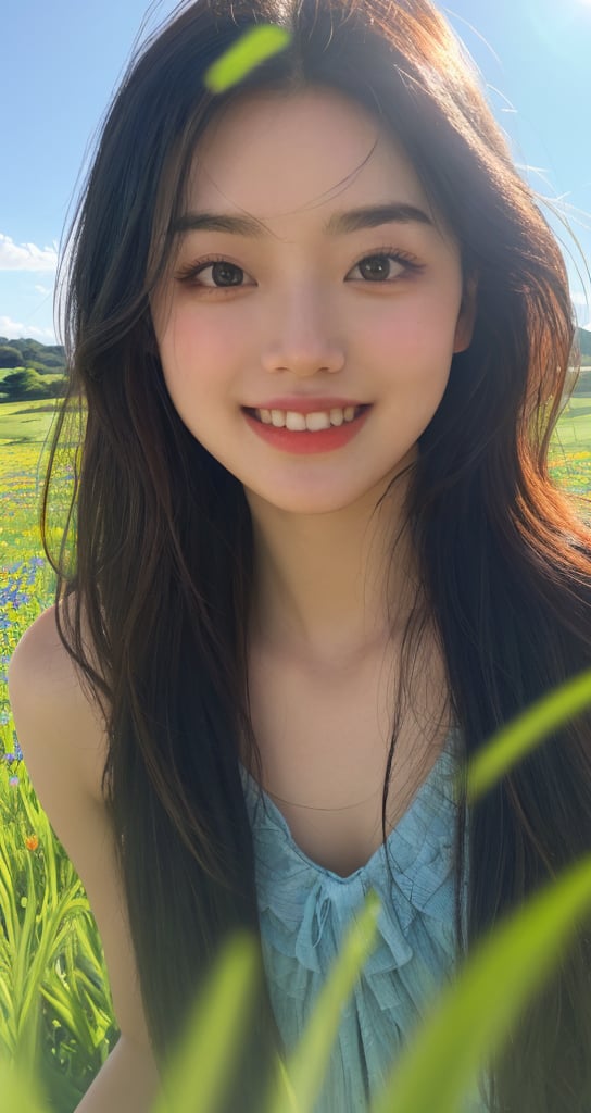 A young girl with a radiant smile, her eyes shining bright, the lush green grassland. Framed against a brilliant blue sky, the scene is set with warm sunlight casting a gentle glow on the rolling hills and wildflowers swaying in the breeze. detailed face,