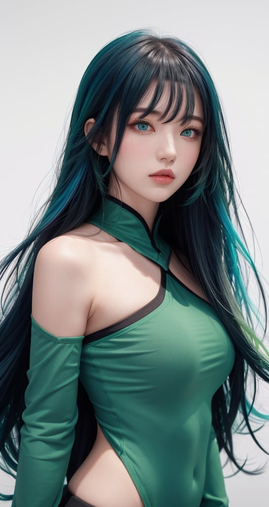 1woman, ((blank background)), vibrant colors, head and shoulders portrait, long_hair, pale, bangs, green_eyes, warrior, large forhead