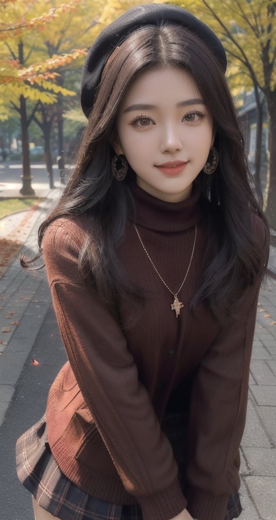 background is maple grove,maple tree trail,red leaves,red leaves of maple tree,street,
18 yo, 1 girl, beautiful korean girl,wearing cape coat(dark brown check pattern),turtleneck sweater,short skirt,beret,blowing by wind,happy smile, solo, {beautiful and detailed eyes}, dark eyes, calm expression, delicate facial features, ((model pose)), Glamor body type, (dark hair:1.2), simple tiny earrings, simple tiny necklace,bangs, flim grain, realhands, masterpiece, Best Quality, 16k, photorealistic, ultra-detailed, finely detailed, high resolution, perfect dynamic composition, beautiful detailed eyes, eye smile, ((nervous and embarrassed)), sharp-focus, full_body, cowboy_shot,