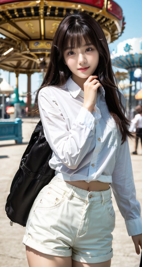 background is amusement park,
18 yo, 1 girl, beautiful chinese girl,
wearing white collared long sleeve shirts,short pants,  solo, {beautiful and detailed eyes}, dark eyes, calm expression, delicate facial features, ((model pose)), Glamor body type, (dark hair:1.2), very_long_hair, hair past hip, bangs, straight hair, flim grain, realhands, masterpiece, Best Quality, 16k, photorealistic, ultra-detailed, finely detailed, high resolution, perfect dynamic composition, beautiful detailed eyes, eye smile, ((nervous and embarrassed)), sharp-focus, full_body, cowboy_shot,