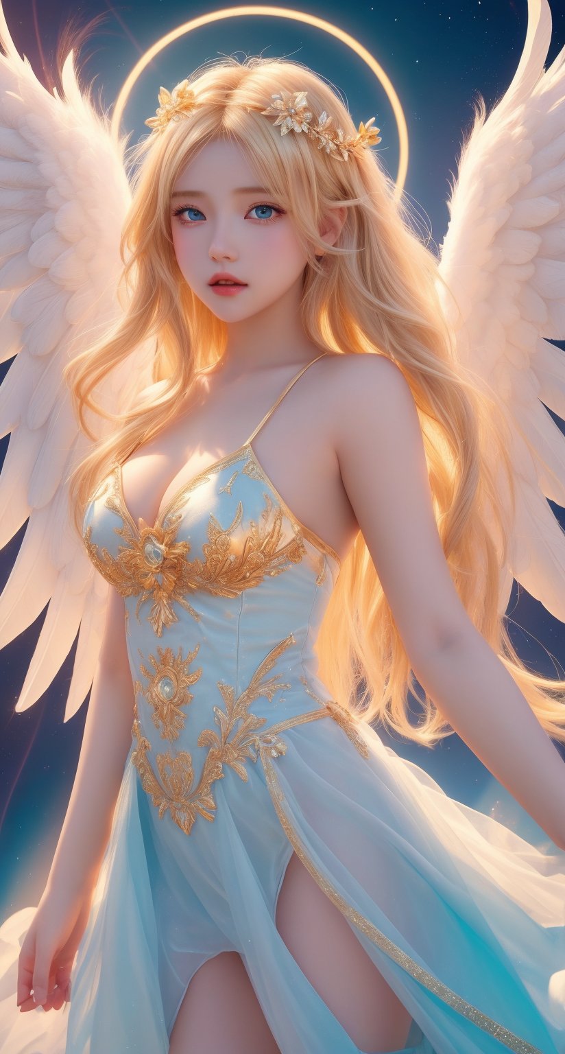 triumphant angel girl, blonde hair, cute young angel girl, real, long blue hair, white large wings, paradise, angel beauty, beautiful, 8k, high quality, masterpiece, dynamic pose, hot girl, praising, dark background, nimb, cinemathic scene, shiny, an angel wearing cloth , heaven background, glowing halo around head, white feathered wings, centered key visual highly detailed breathtaking beauty precise lineart vibrant comprehensive cinematic, dynamic pose, best quality, 8k, golden hour,angel_wings