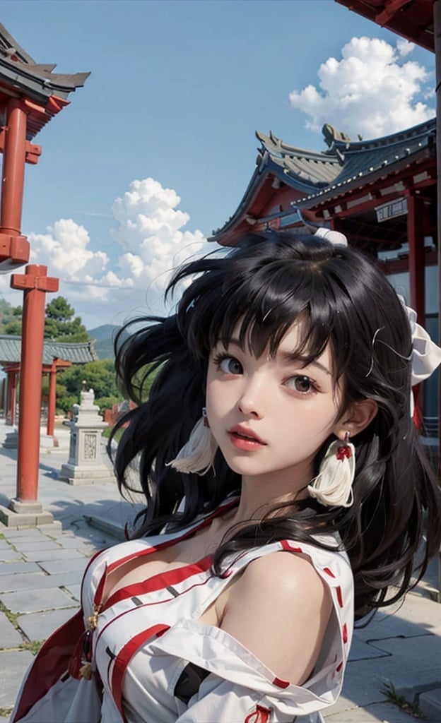 beautifull sky, detailed face, temple, windy, higurashi kagome,miko dressing