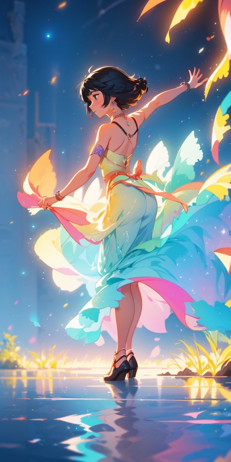 1 girl on river, dance, particle of light going up to sky, cinematic background, serene, colourful vibrant scenery,reflection, dynamic dance, masterpiece, best quality, 8k, uhd, ,black hair,yuna \(ff10\)