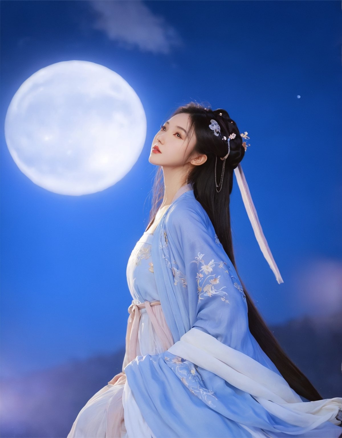 (best quality),(photo-realistic:1),realistic skin texture,bokeh,face focus,looking at viewer,from below, female,long hair,white hair,full_body,slim body,upper body,Song Dynasty,gorgeous,Chinese hanfu,long sleeve, sky, cloud, moon, night ,xxmix_girl,teengirlmix,huayu,EpicSky,xxmixgirl,daxiushan