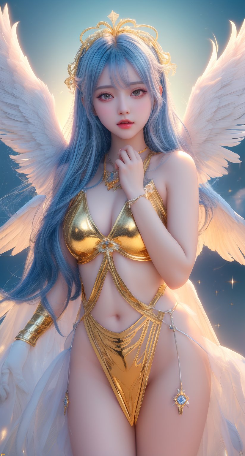 triumphant angel girl, cute young angel girl, real, long blue hair, white large wings, paradise, angel beauty, beautiful, 8k, high quality, masterpiece, dynamic pose, hot girl, praising, dark background, nimb, cinemathic scene, shiny, an angel wearing gold and silver crystal armor, heaven background, glowing halo around head, white feathered wings, centered key visual highly detailed breathtaking beauty precise lineart vibrant comprehensive cinematic, dynamic pose, best quality, 8k, golden hour,angel_wings