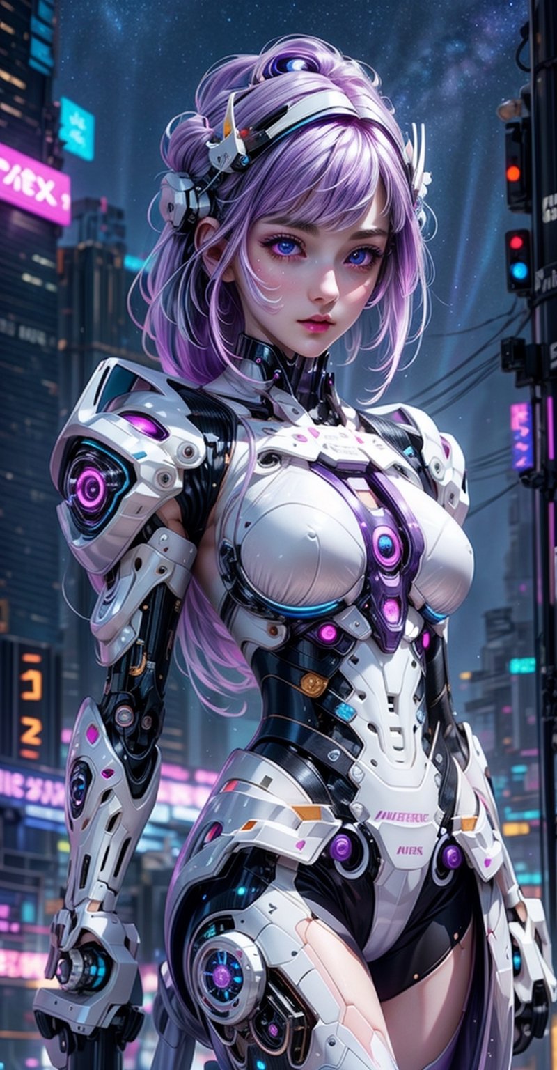 masterpiece, best quality, 1 girl, solo, ((an extremely delicate and beautiful)), purple hair, milky white skin,beautiful detailed eyes, at night , beautiful starry sky, contrast, mecha clothes (colourfull, neon),High detailed ,Neon Light, ,cyberpunk