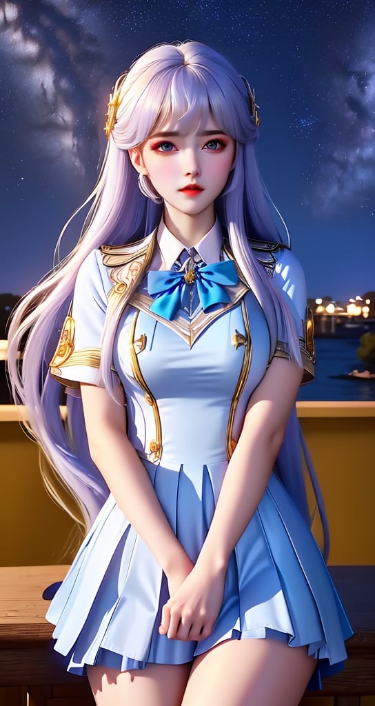 masterpiece, best quality, 1 girl, solo, ((an extremely delicate and beautiful)),school uniform, italian girl ,age 18, milky white skin,beautiful detailed eyes, at night , beautiful starry sky, ,beauty