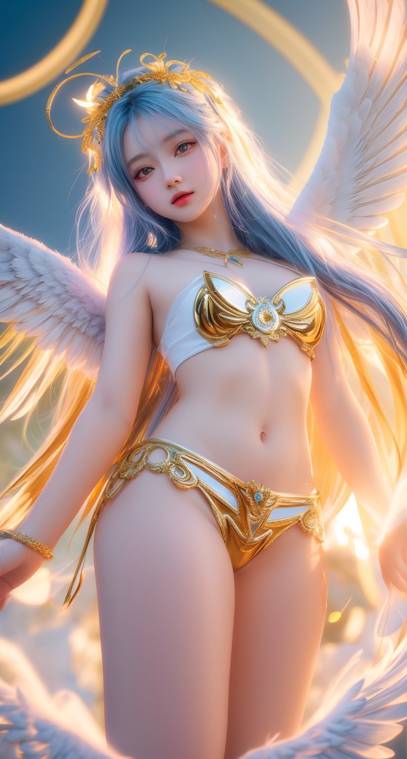 triumphant angel girl, cute young angel girl, real, long blue hair, white large wings, paradise, angel beauty, beautiful, 8k, high quality, masterpiece, dynamic pose, hot girl, praising, dark background, nimb, cinemathic scene, shiny, an angel wearing gold and silver crystal armor, heaven background, glowing halo around head, white feathered wings, centered key visual highly detailed breathtaking beauty precise lineart vibrant comprehensive cinematic, dynamic pose, best quality, 8k, golden hour,angel_wings