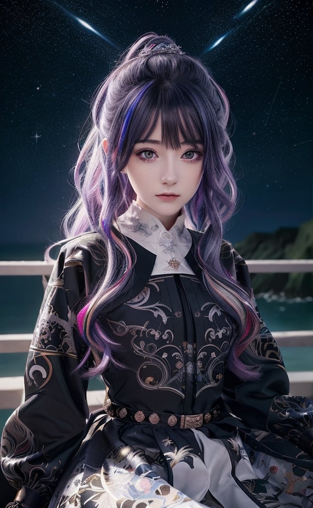 masterpiece, best quality, illustration, stars in the eyes,dishevelled hair,Starry sky adorns hair,1 girl,sparkling anime eyes,beautiful detailed eyes, beautiful detailed stars,blighting stars,emerging dark purple across with white hair,multicolored hair,beautiful detailed eyes,beautiful detailed sky, beautiful detailed water, cinematic lighting, dramatic angle,