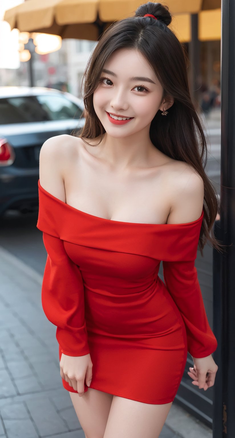 1 girl, red mini dress, off shoulder, happy face, 