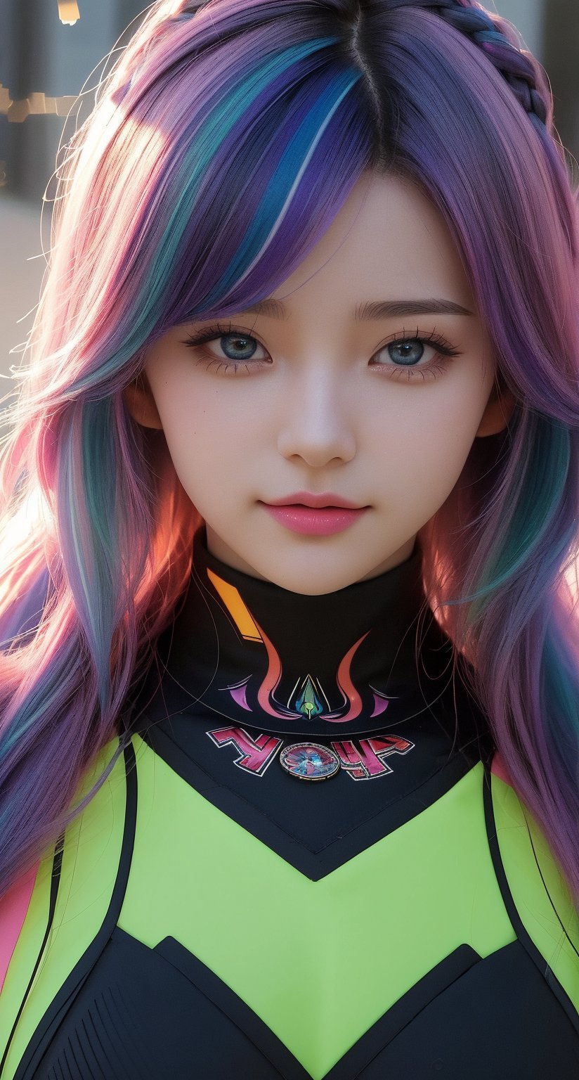 16K, HDR, masterpiece, a girl, (((colorful hair, gymnass outfit))). Half-length , anime style illustration with hyper-realistic details, symmetrical face, provocative eyes and soft smile. Enhanced cinematic lighting, lens flare and bokeh effects..,High detailed, dynamic angle, special effect, 