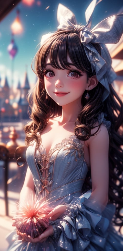 girl, disneyland, fireworks, masterpiece, happy smile, soft contrast, pastel colour,perfecteyes,1 girl