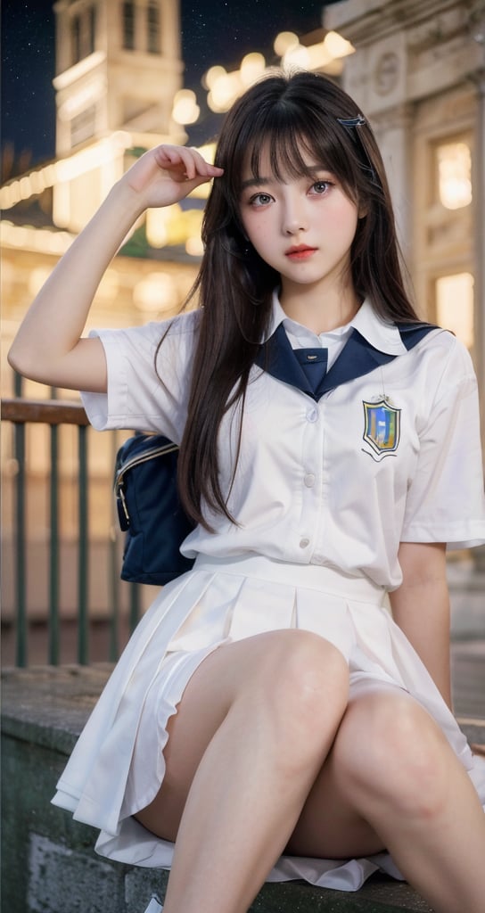 masterpiece, best quality, 1 girl, solo, ((an extremely delicate and beautiful)),school uniform, italian girl ,age 18, milky white skin,beautiful detailed eyes, at night , beautiful starry sky, ,beauty