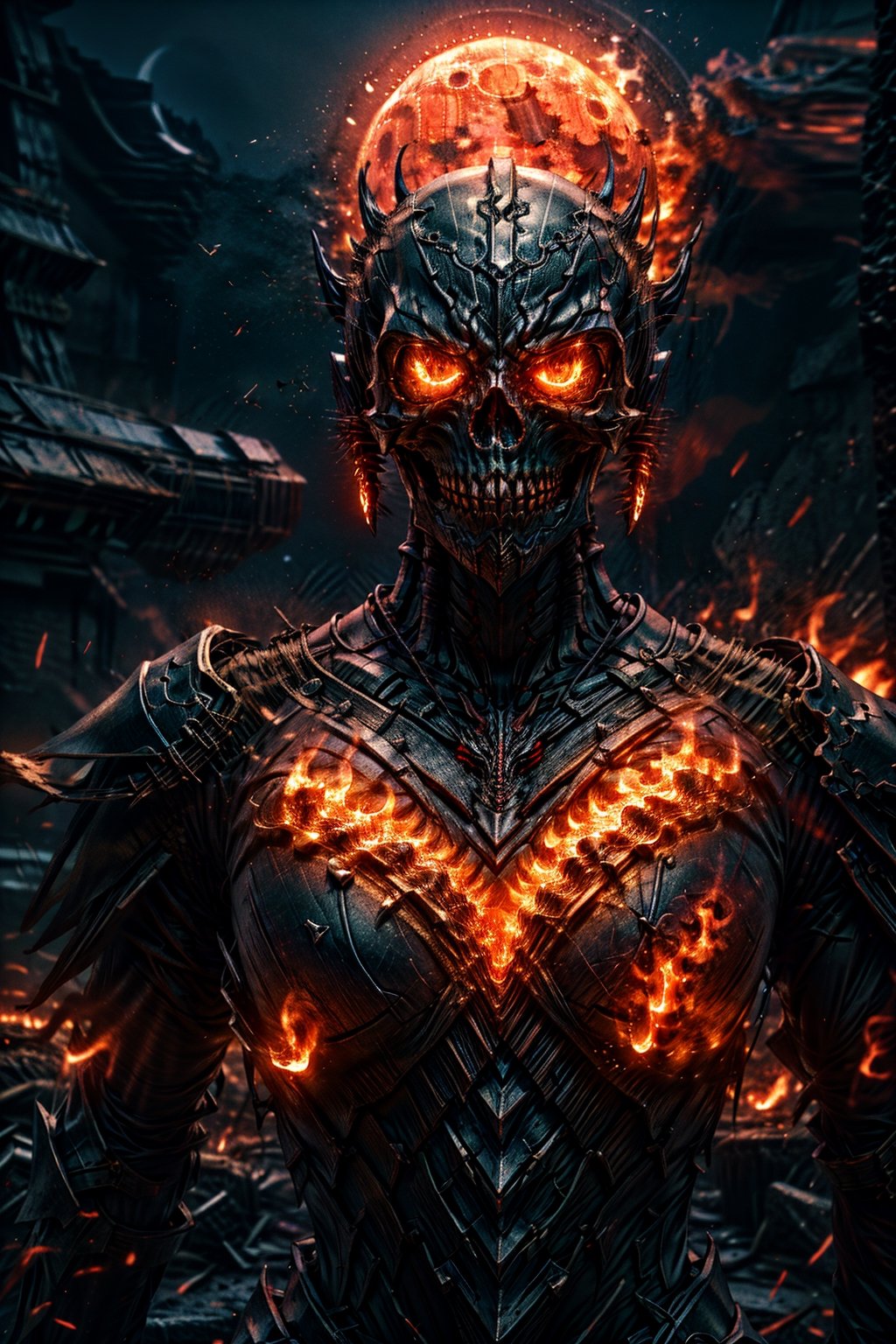 skeleton, wearing fantasy armor ,dark night, red moon, black mist , cinematic light, fire from eyes, detailed face, 